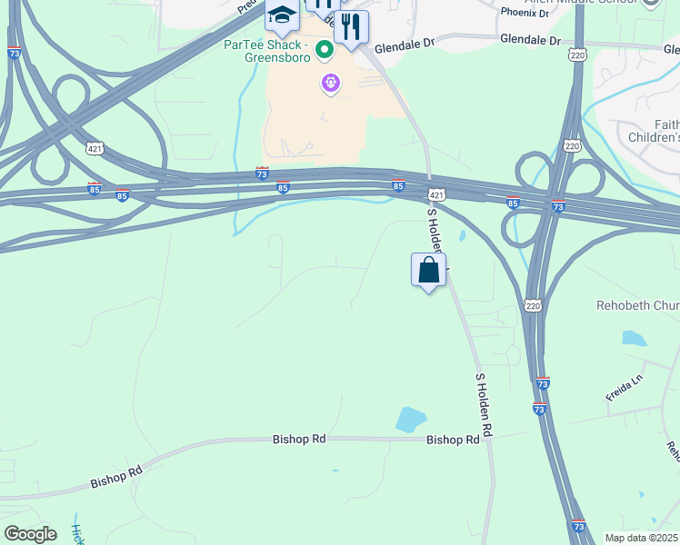 map of restaurants, bars, coffee shops, grocery stores, and more near 2609 Longacre Road in Greensboro