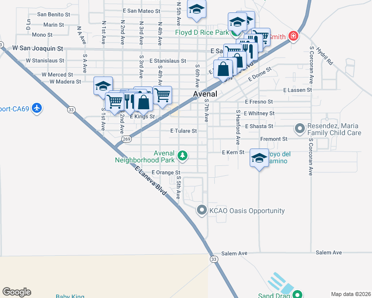 map of restaurants, bars, coffee shops, grocery stores, and more near 513 East Ventura Street in Avenal