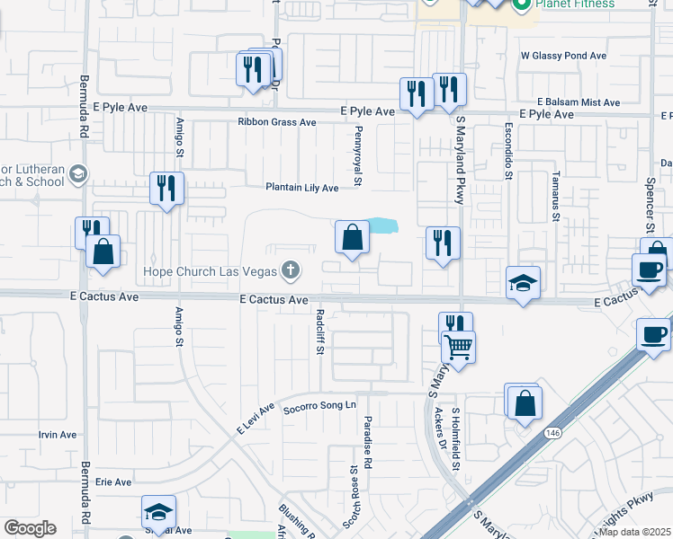 map of restaurants, bars, coffee shops, grocery stores, and more near 1050 East Cactus Avenue in Las Vegas