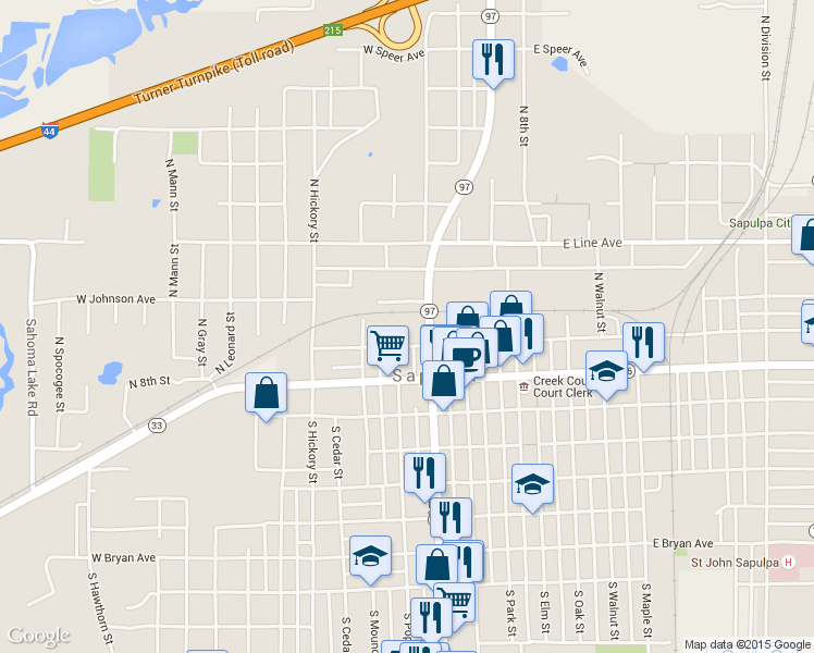 map of restaurants, bars, coffee shops, grocery stores, and more near 111 North Poplar Street in Sapulpa