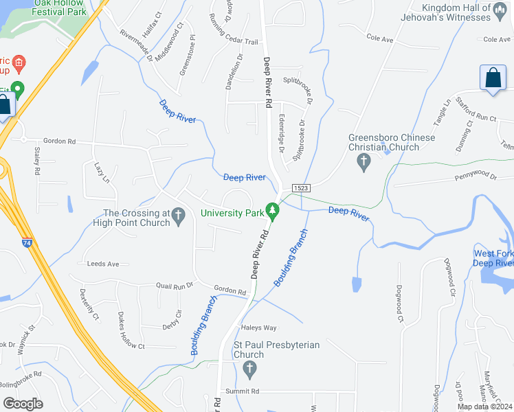 map of restaurants, bars, coffee shops, grocery stores, and more near 2687 Lamplight Circle in High Point