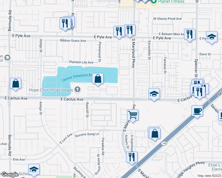 map of restaurants, bars, coffee shops, grocery stores, and more near 1050 East Cactus Avenue in Las Vegas