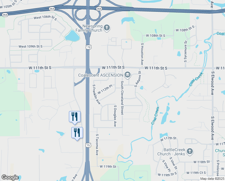 map of restaurants, bars, coffee shops, grocery stores, and more near 11329 South Douglas Avenue in Jenks
