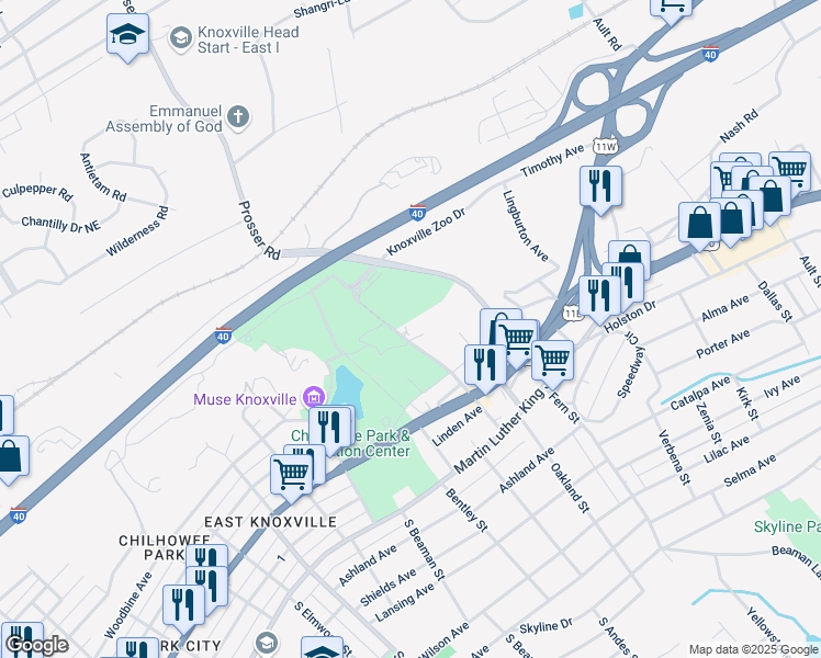 map of restaurants, bars, coffee shops, grocery stores, and more near 506 Lakeside Street in Knoxville