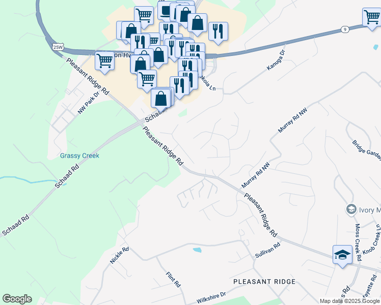 map of restaurants, bars, coffee shops, grocery stores, and more near 6413 Ridge Run Drive in Knoxville