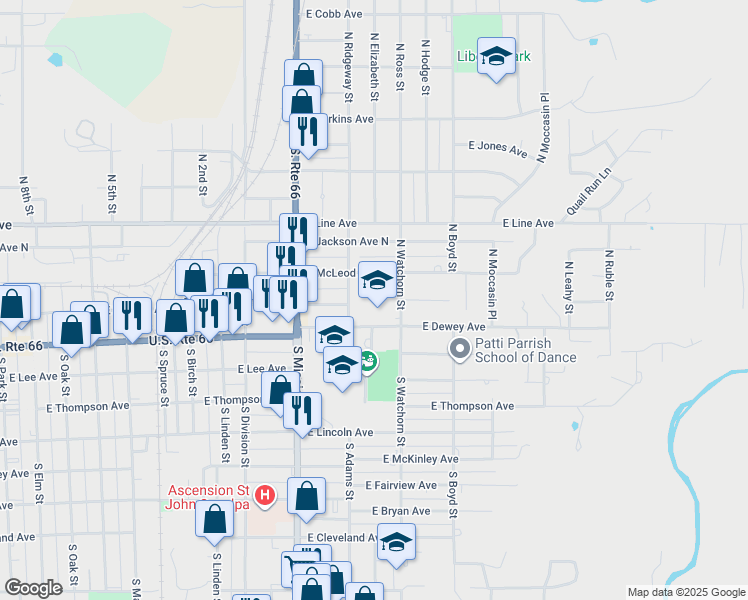 map of restaurants, bars, coffee shops, grocery stores, and more near 1240 East Hobson Avenue in Sapulpa