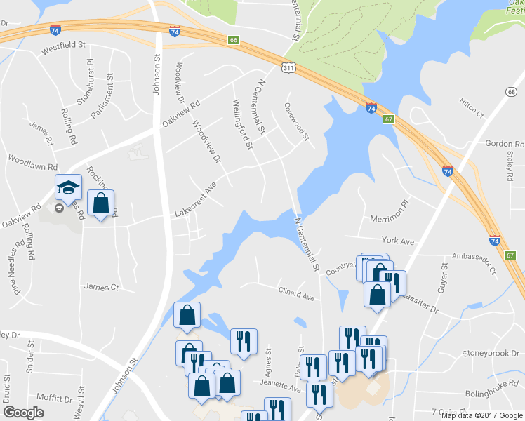 map of restaurants, bars, coffee shops, grocery stores, and more near 3001 Wellingford Street in High Point