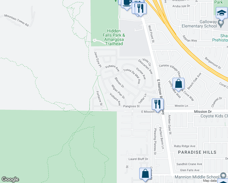 map of restaurants, bars, coffee shops, grocery stores, and more near 771 Wigan Pier Drive in Henderson