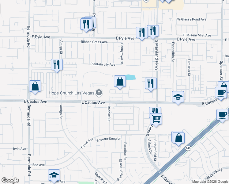 map of restaurants, bars, coffee shops, grocery stores, and more near 1050 East Cactus Avenue in Las Vegas