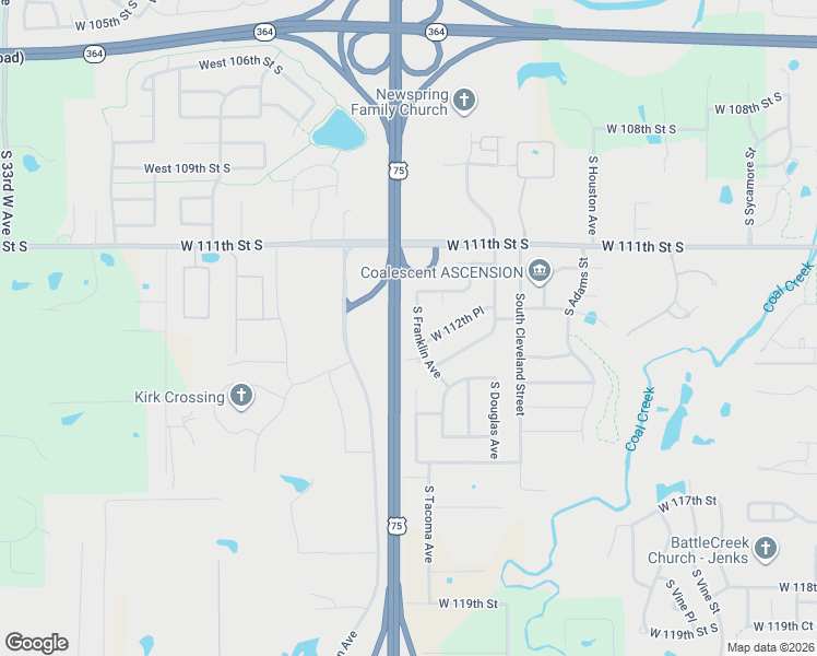 map of restaurants, bars, coffee shops, grocery stores, and more near 2973 West 112th Place in Jenks