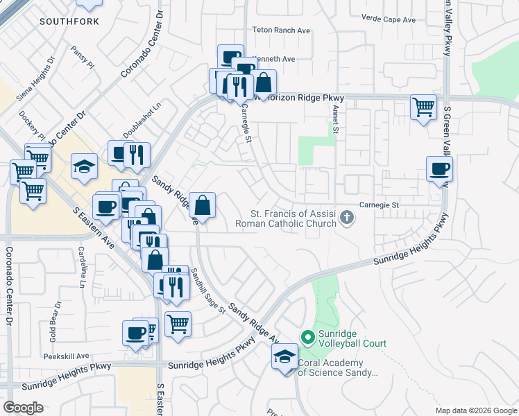 map of restaurants, bars, coffee shops, grocery stores, and more near 781 Feather Ridge Drive in Henderson