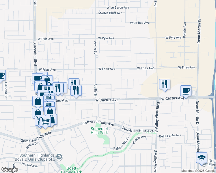 map of restaurants, bars, coffee shops, grocery stores, and more near 10425 Schirlls Street in Las Vegas