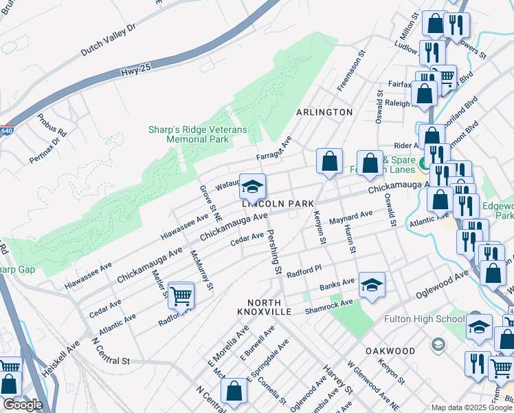 map of restaurants, bars, coffee shops, grocery stores, and more near 535 Chickamauga Avenue in Knoxville