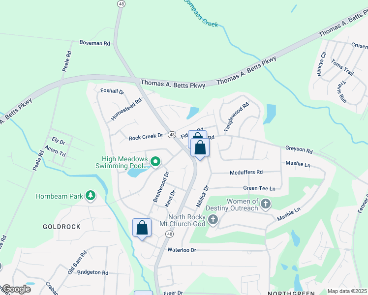 map of restaurants, bars, coffee shops, grocery stores, and more near Highway 48 in Rocky Mount