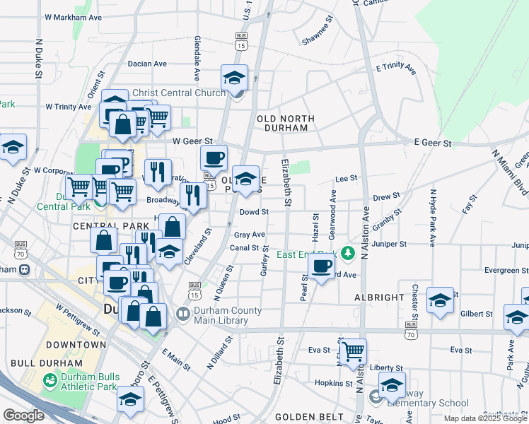 map of restaurants, bars, coffee shops, grocery stores, and more near 316 Dowd Street in Durham