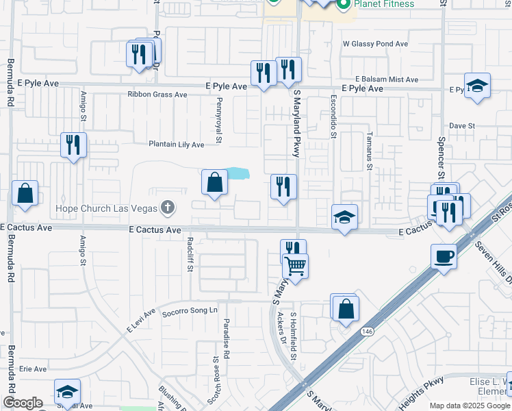 map of restaurants, bars, coffee shops, grocery stores, and more near 1050 East Cactus Avenue in Las Vegas
