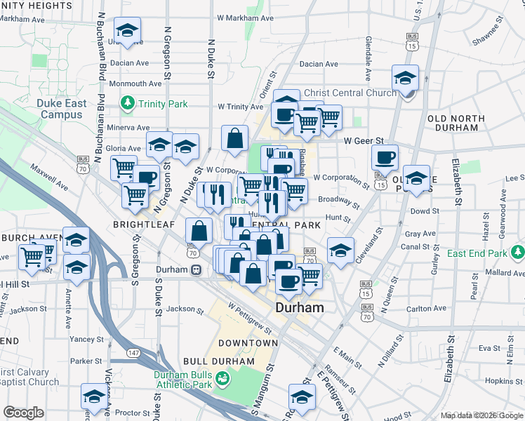 map of restaurants, bars, coffee shops, grocery stores, and more near 400 Hunt Street in Durham
