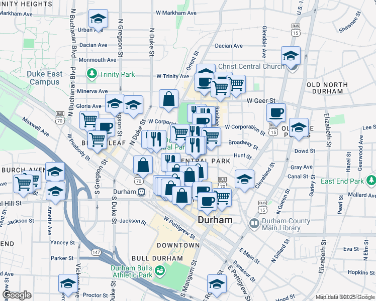 map of restaurants, bars, coffee shops, grocery stores, and more near 400 Hunt Street in Durham
