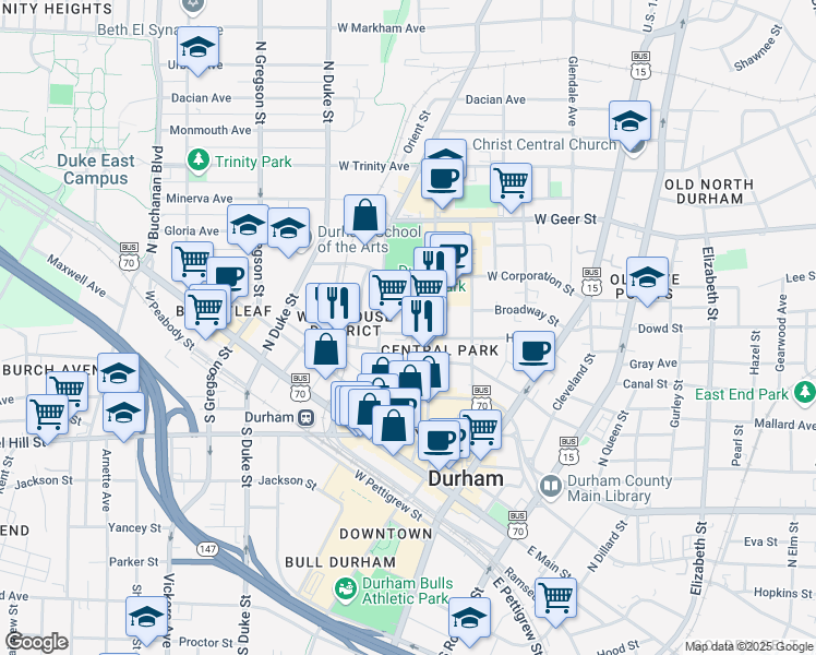 map of restaurants, bars, coffee shops, grocery stores, and more near 400 Hunt Street in Durham