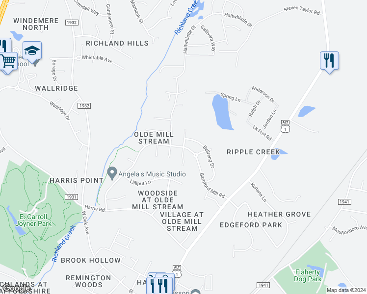 map of restaurants, bars, coffee shops, grocery stores, and more near Ferry Court in Wake Forest