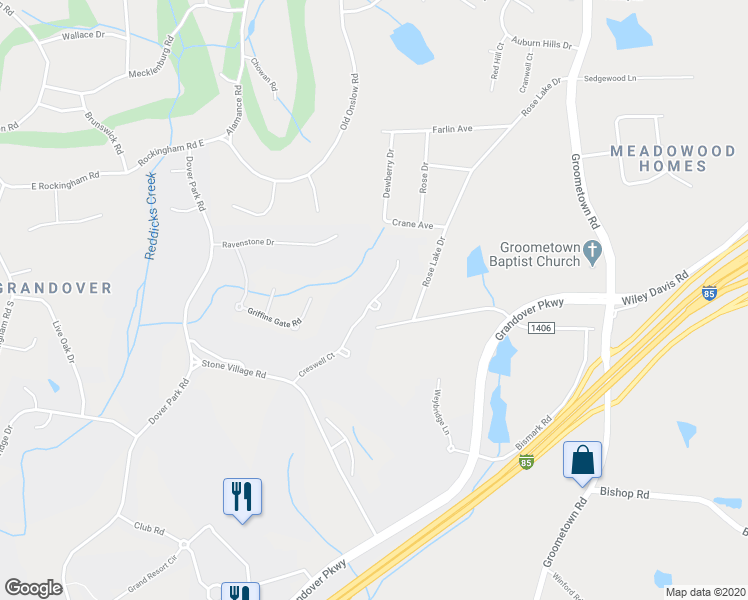 map of restaurants, bars, coffee shops, grocery stores, and more near 36 Creswell Court in Greensboro