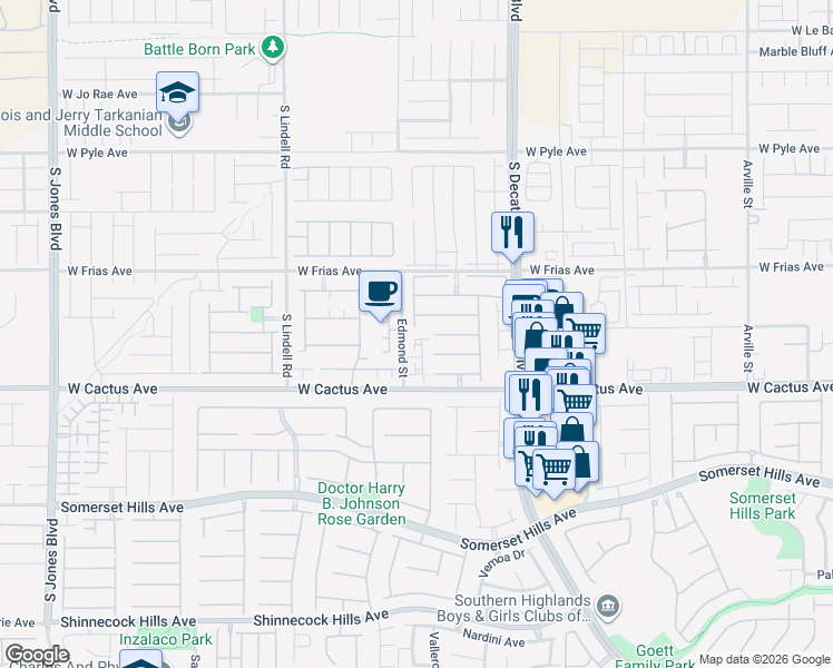 map of restaurants, bars, coffee shops, grocery stores, and more near 10413 Mulvaney Circle in Las Vegas