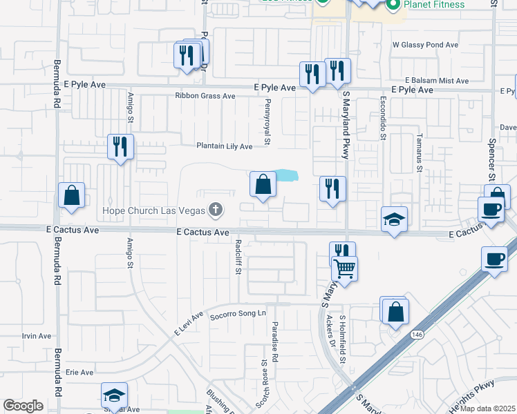 map of restaurants, bars, coffee shops, grocery stores, and more near 1050 East Cactus Avenue in Las Vegas