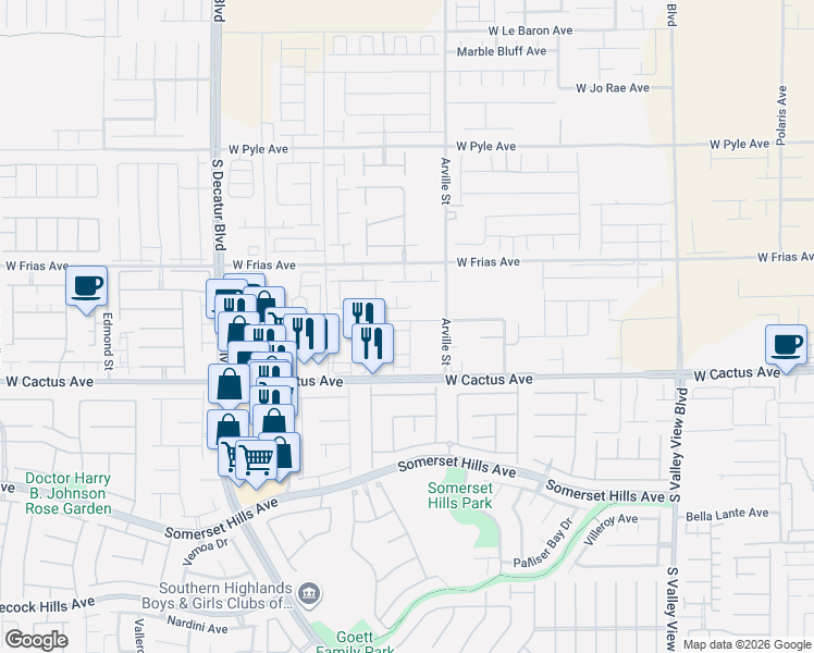 map of restaurants, bars, coffee shops, grocery stores, and more near 10432 Highlands River Street in Las Vegas