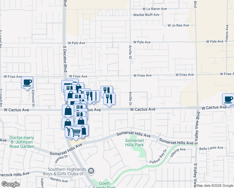 map of restaurants, bars, coffee shops, grocery stores, and more near 10432 Highlands River Street in Las Vegas