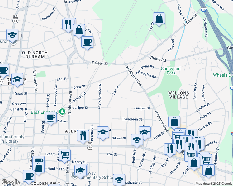 map of restaurants, bars, coffee shops, grocery stores, and more near 1329 Ivy Street in Durham