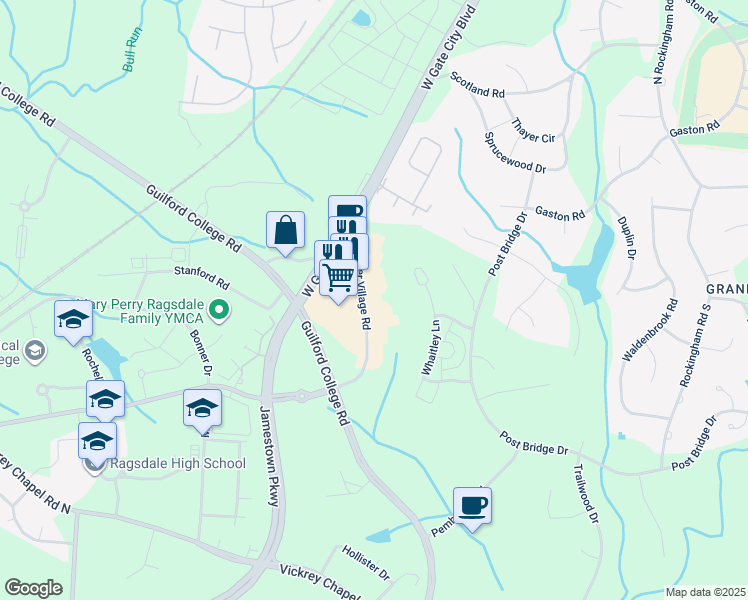 map of restaurants, bars, coffee shops, grocery stores, and more near 4039-4127 Guilford College Road in Greensboro