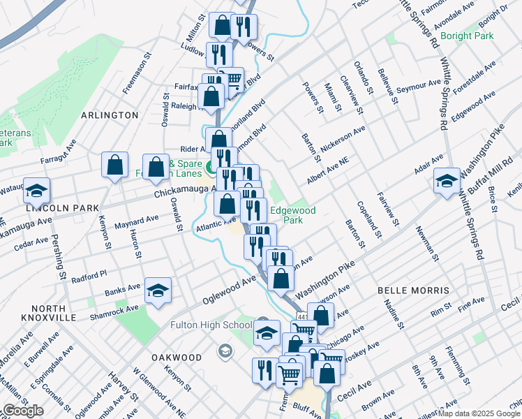 map of restaurants, bars, coffee shops, grocery stores, and more near 1539 Claiborne Place Northeast in Knoxville