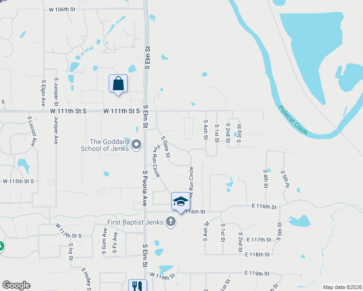 map of restaurants, bars, coffee shops, grocery stores, and more near 22 Fox Run Circle in Jenks