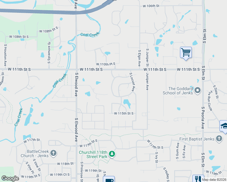 map of restaurants, bars, coffee shops, grocery stores, and more near 1413 West 113th Street in Jenks