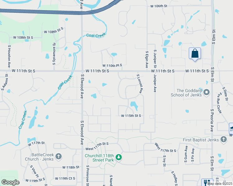 map of restaurants, bars, coffee shops, grocery stores, and more near 109 West 113th Street in Jenks