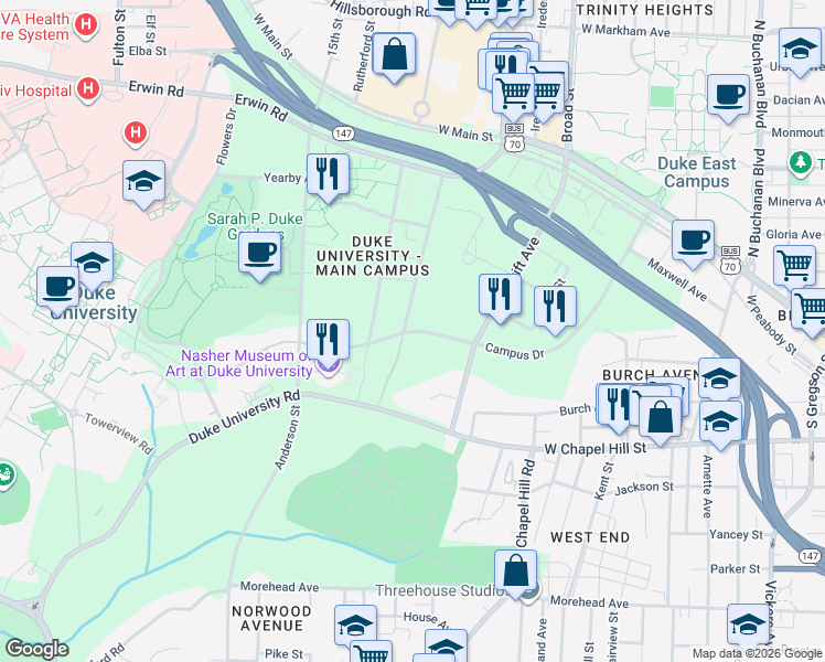 map of restaurants, bars, coffee shops, grocery stores, and more near 124 East Campus Union Drive in Durham