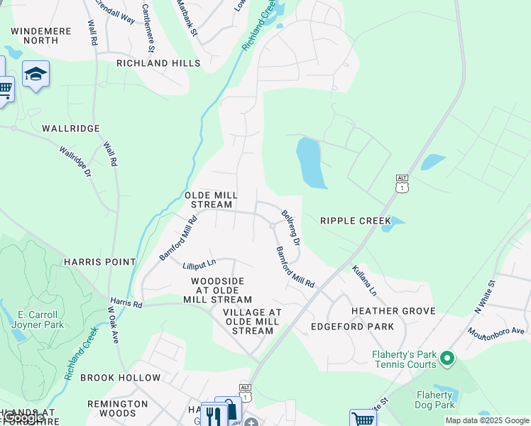 map of restaurants, bars, coffee shops, grocery stores, and more near 1113 Barnford Mill Road in Wake Forest
