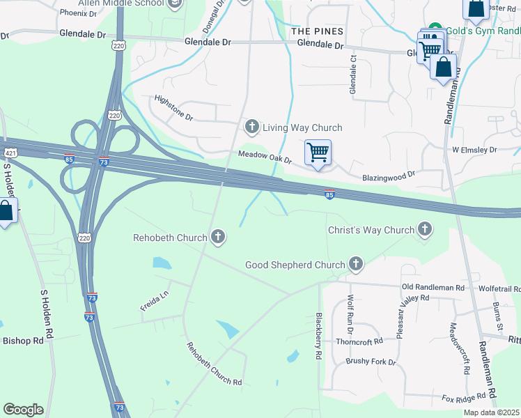 map of restaurants, bars, coffee shops, grocery stores, and more near Interstate 85 in Greensboro