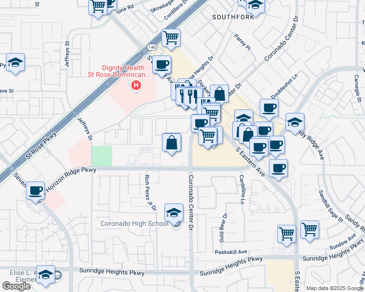 map of restaurants, bars, coffee shops, grocery stores, and more near 865 Coronado Center Drive in Henderson