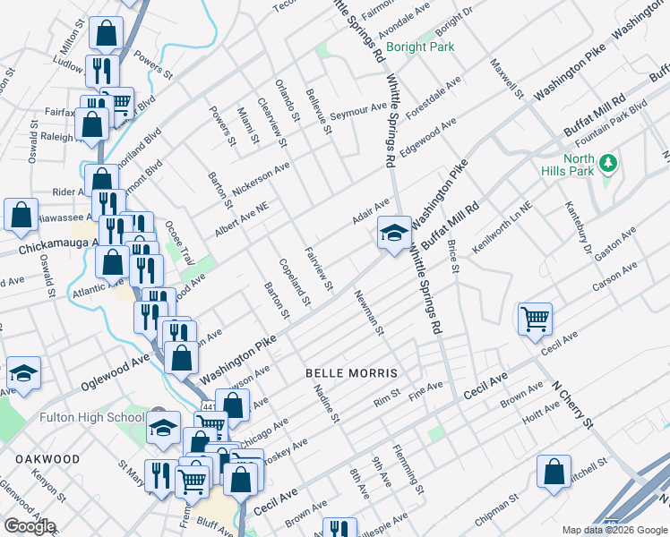 map of restaurants, bars, coffee shops, grocery stores, and more near 2620 Fairview Street in Knoxville