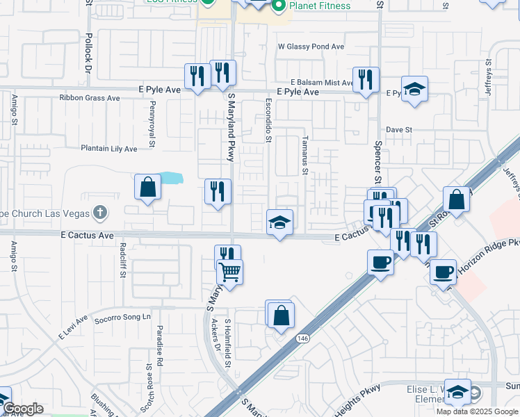 map of restaurants, bars, coffee shops, grocery stores, and more near 10421 Palm Village Street in Las Vegas