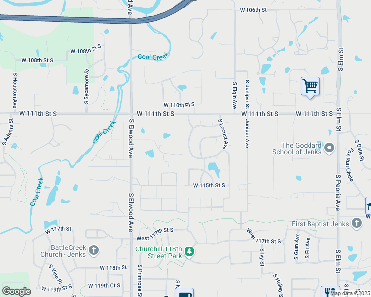 map of restaurants, bars, coffee shops, grocery stores, and more near 109 West 113th Street in Jenks