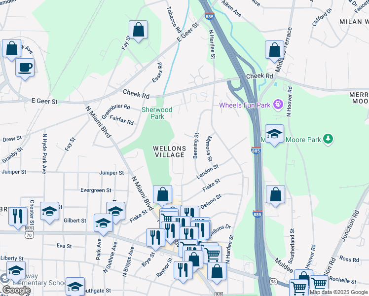 map of restaurants, bars, coffee shops, grocery stores, and more near 1313 Fidelity Drive in Durham