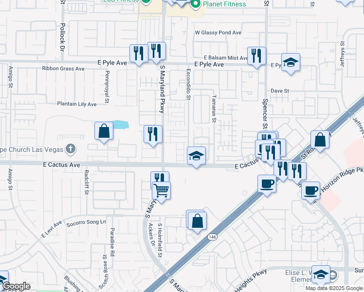 map of restaurants, bars, coffee shops, grocery stores, and more near 10421 Palm Village Street in Las Vegas