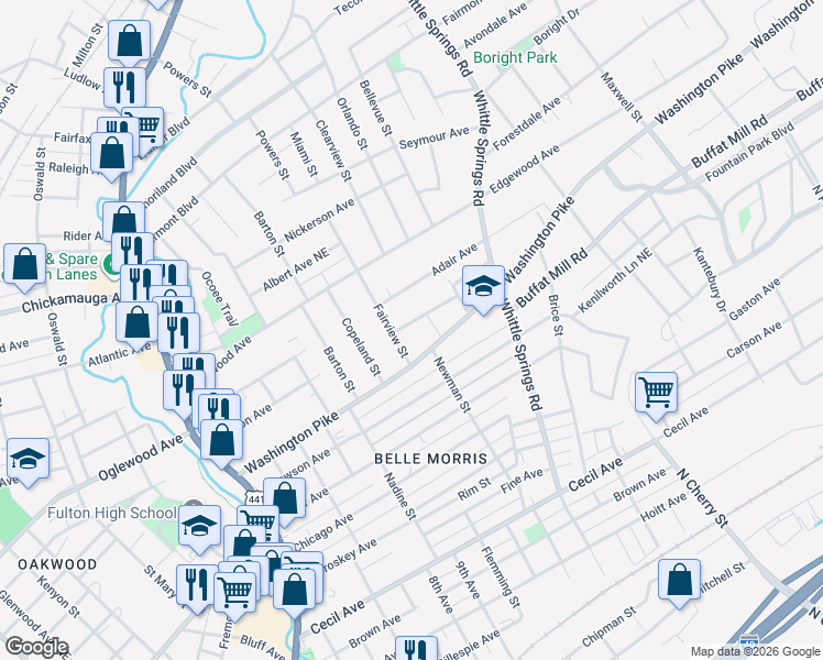 map of restaurants, bars, coffee shops, grocery stores, and more near 2620 Fairview Street in Knoxville