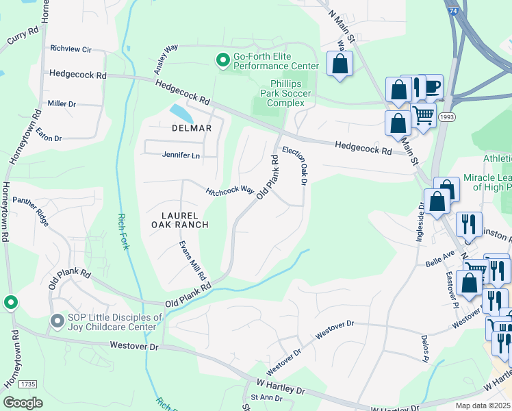 map of restaurants, bars, coffee shops, grocery stores, and more near 6032 Old Plank Road in High Point