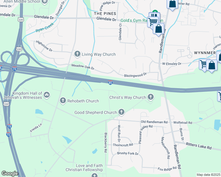map of restaurants, bars, coffee shops, grocery stores, and more near 2018 Penley Trl in Greensboro