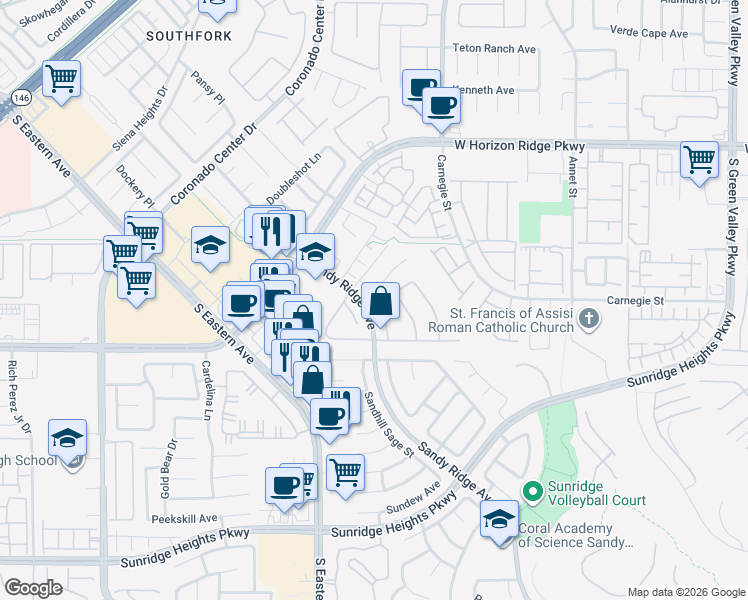 map of restaurants, bars, coffee shops, grocery stores, and more near 738 Asbury Park Street in Henderson