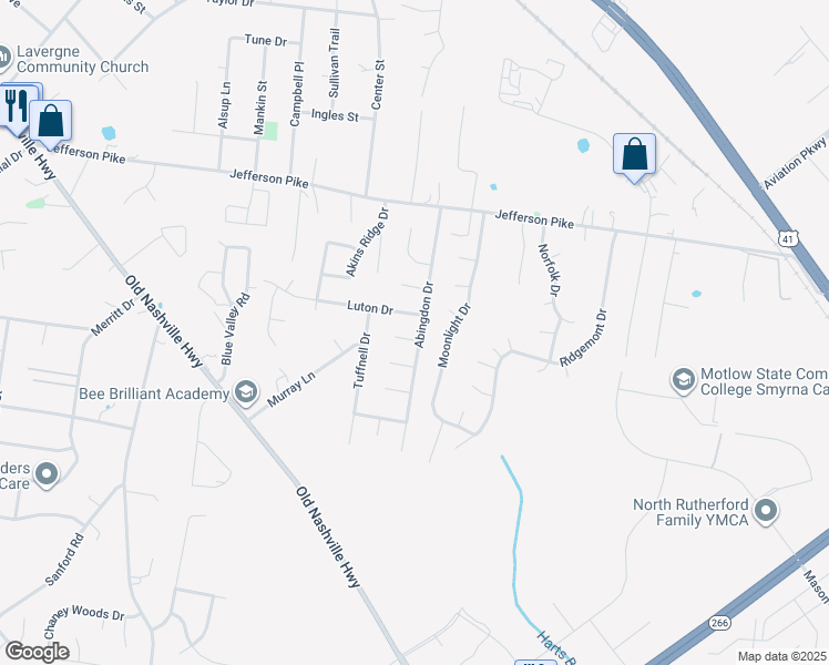 map of restaurants, bars, coffee shops, grocery stores, and more near 2026 Abingdon Drive in La Vergne