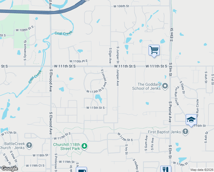map of restaurants, bars, coffee shops, grocery stores, and more near 11311 South Locust Avenue in Jenks